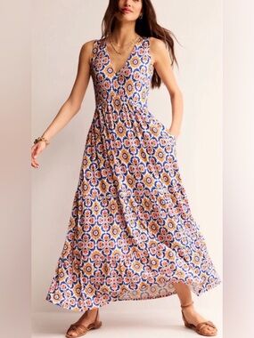 Boden boho whimsy Floral Tile-Print Maxi Dress in Blue, Yellow & Pink size 16-18